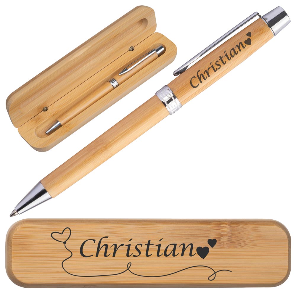 Personalisierter Bambus-Kugelschreiber mit Etui | Kugelschreiber mit Wunschgravur | Bambus Eui mit Gravur | Blau schreibend | verschiedene Motive