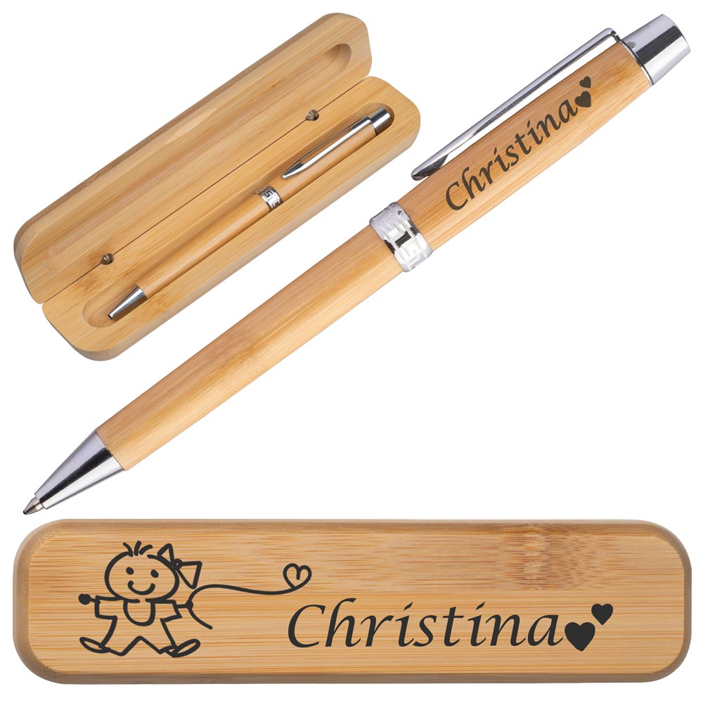 Personalisierter Bambus-Kugelschreiber mit Etui | Kugelschreiber mit Wunschgravur | Bambus Eui mit Gravur | Blau schreibend | verschiedene Motive