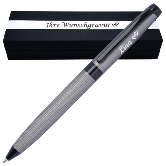 CrisMa Drehkugelschreiber aus Edelstahl mit Wunschgravur | Geschenkbox inkl. Gravur | Edelstahl | matt-grau | blau schreibende Großraummine | mattes Design
