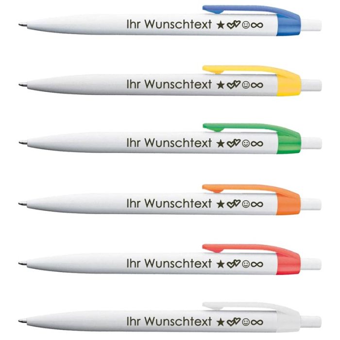 Kugelschreiber mit Lasergravur | Weißer Schaft & Farbig glänzender Clip | Blau schreibende Großraummine | Zweizeilige Gravur | Modernes Design | Trendiges Werbegeschenk | 6 Farben