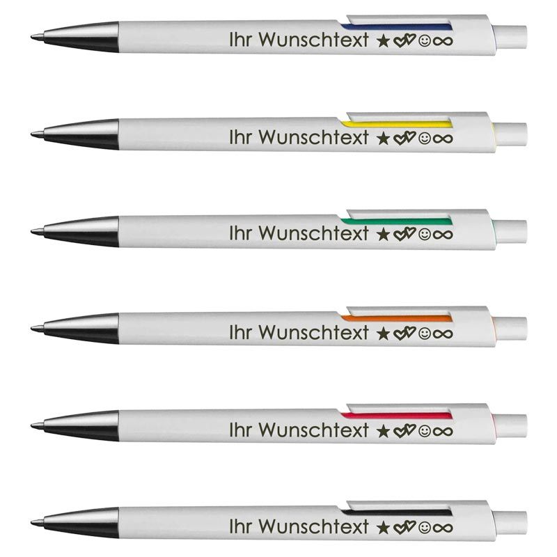Kugelschreiber mit weißem Schaft & farbigen Applikationen | Blaue Großraummine für flüssiges Schreiben | Wunschgravur | Personalisierter Kugelschreiber als Geschenkidee | 6 Farben
