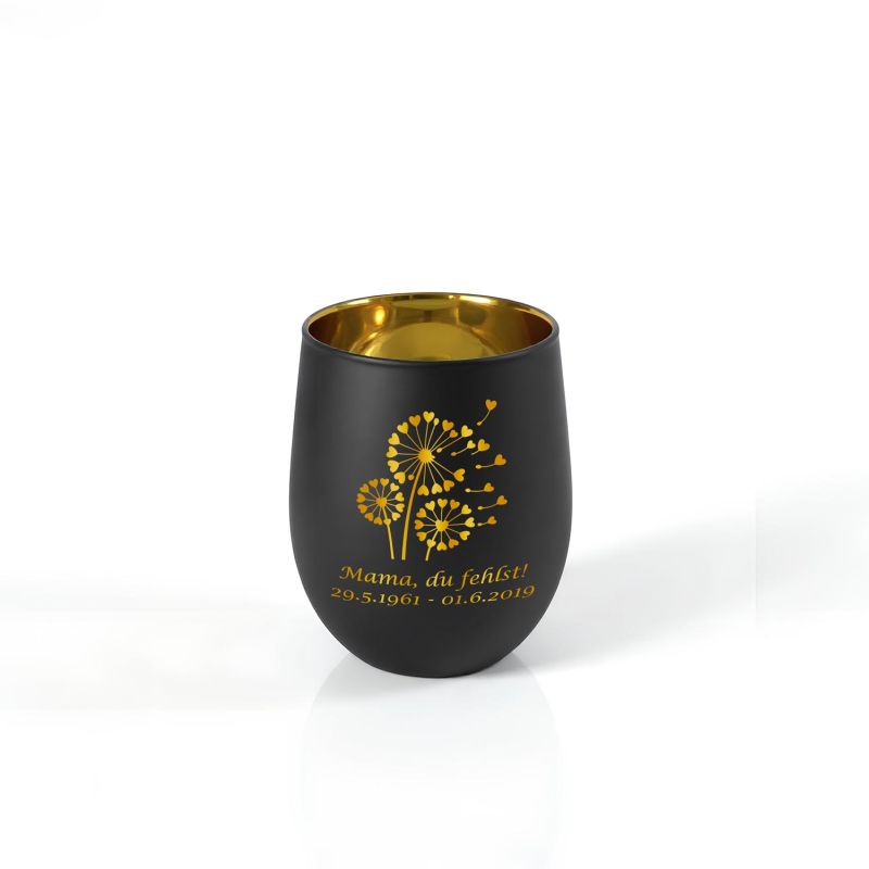 Personalisiertes Windlicht mit Gravur | Motivwahl: Herz, Blume, Ring, Taube | Name + Spruch auf Glas | Geschenk für Frauen, Mama & Paare | Hochzeit, Geburtstag, Valentinstag | Schwarz