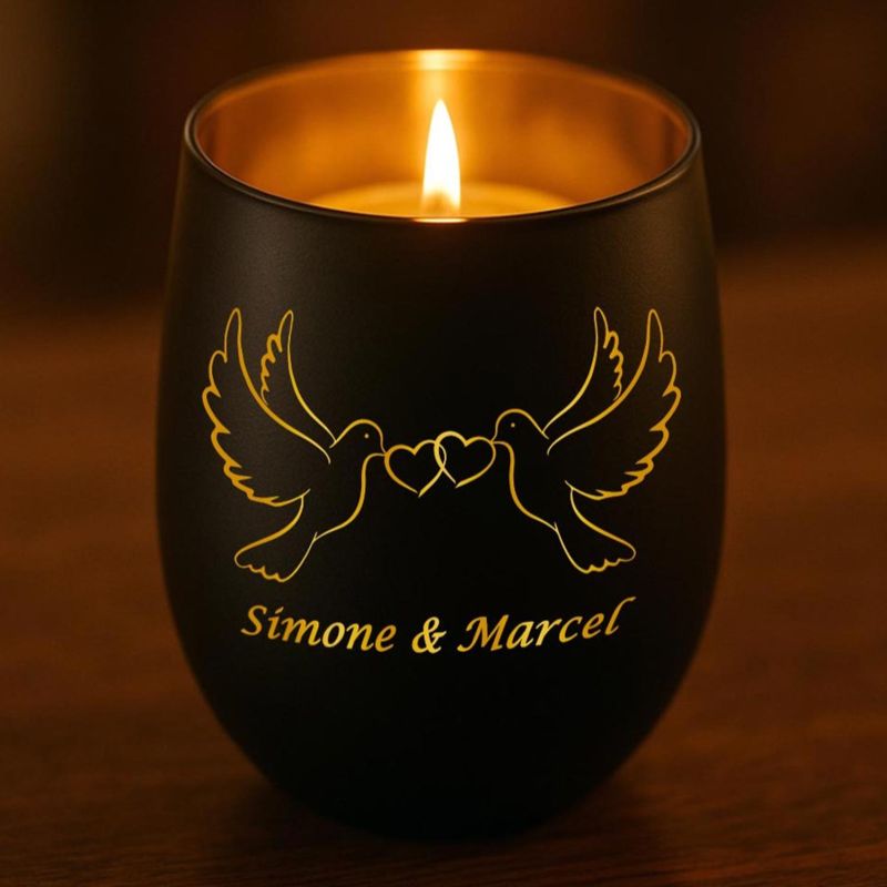Personalisiertes Windlicht mit Gravur | Motivwahl: Herz, Blume, Ring, Taube | Name + Spruch auf Glas | Geschenk für Frauen, Mama & Paare | Hochzeit, Geburtstag, Valentinstag | Schwarz