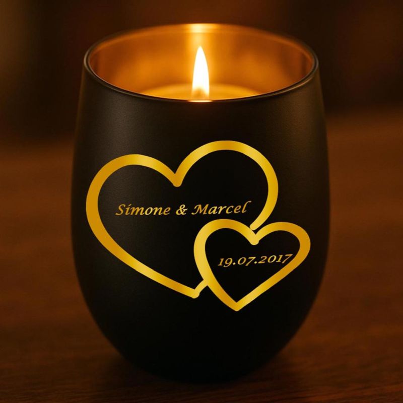 Personalisiertes Windlicht mit Gravur | Motivwahl: Herz, Blume, Ring, Taube | Name + Spruch auf Glas | Geschenk für Frauen, Mama & Paare | Hochzeit, Geburtstag, Valentinstag | Schwarz