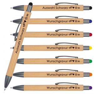 Holzkugelschreiber mit Touchfunktion inklusive Gravur | Wunschgravur mit Emojis möglich | Kugelschreiber mit Gravur | Werbekugelschreiber personalisisert