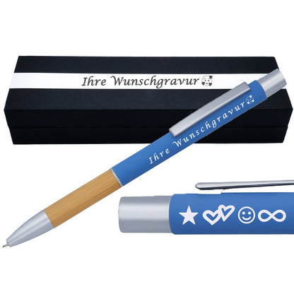 Kugelschreiber mit Gravur | Bambusgriffzone | Blau schreibend | Kugelschreiber personalisiert | Wunschgravur mit Symbolen möglich | mit Box | 6 Farben