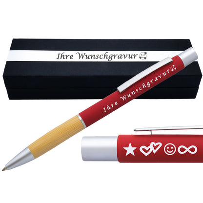 Kugelschreiber mit Gravur | Bambusgriffzone | Blau schreibend | Kugelschreiber personalisiert | Wunschgravur mit Symbolen möglich | mit Box | 6 Farben