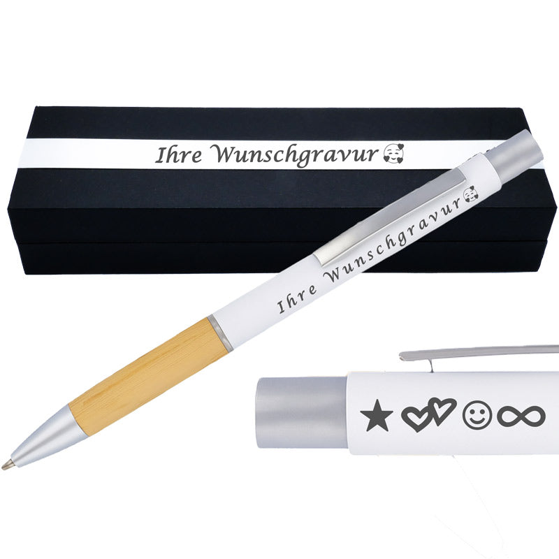 Kugelschreiber mit Gravur | Bambusgriffzone | Blau schreibend | Kugelschreiber personalisiert | Wunschgravur mit Symbolen möglich | mit Box | 6 Farben