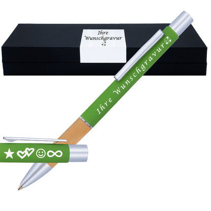 Kugelschreiber mit Gravur | Bambusgriffzone | Blau schreibend | Kugelschreiber personalisiert | Wunschgravur mit Symbolen möglich | mit Stiftbox | 6 Farben