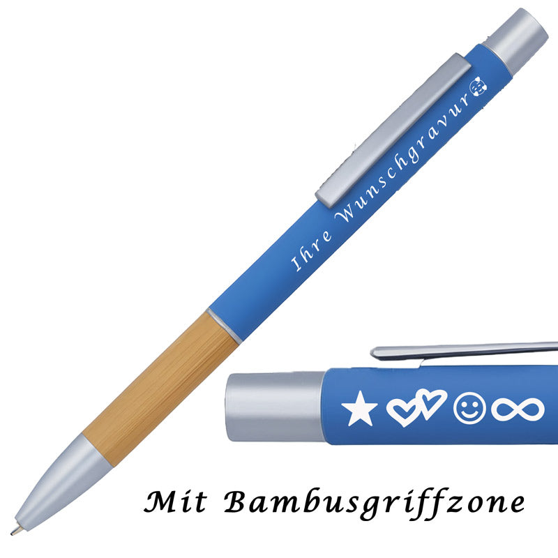 Kugelschreiber mit Gravur | Bambusgriffzone | Blau schreibend | Kugelschreiber personalisiert | Wunschgravur mit Symbolen möglich | mit Stiftbox | 6 Farben