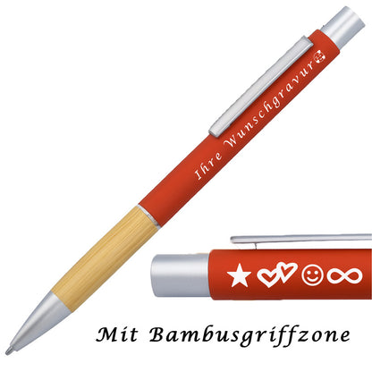 Kugelschreiber mit Gravur | Bambusgriffzone | Blau schreibend | Kugelschreiber personalisiert | Wunschgravur mit Symbolen möglich | mit Box | 6 Farben