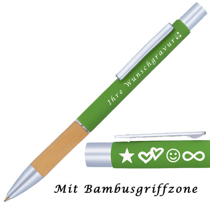 Kugelschreiber mit Gravur | Bambusgriffzone | Blau schreibend | Kugelschreiber personalisiert | Wunschgravur mit Symbolen möglich | mit Stiftbox | 6 Farben
