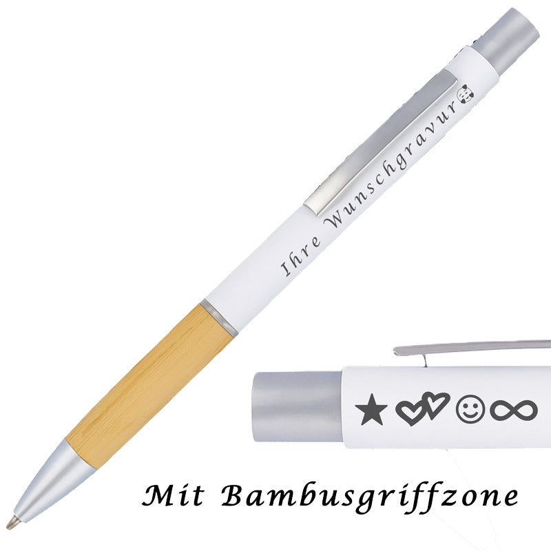 Kugelschreiber mit Gravur | Bambusgriffzone | Blau schreibend | Kugelschreiber personalisiert | Wunschgravur mit Symbolen möglich | mit Stiftbox | 6 Farben