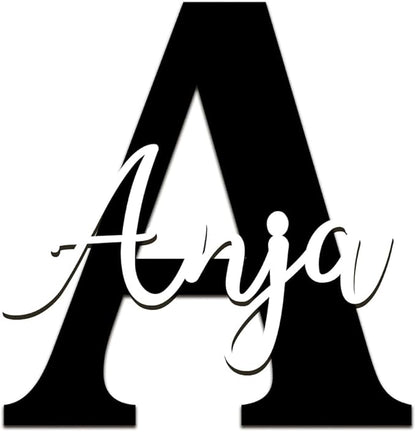 Acryl Name mit Initiale – dekoratives Wandbild mit schwarzem Buchstaben & farbigem Namen – in Weiß, Gold, Rosé oder Silber