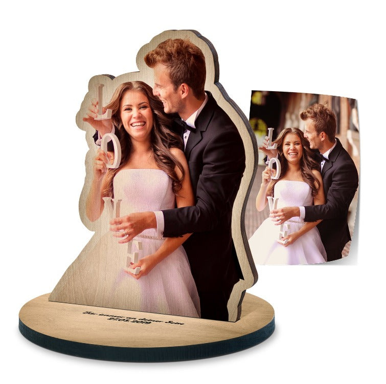 Fotoaufsteller aus Holz mit eigenem Foto | Farbdruck in Fotoqualität | Sockel mit Namensgravur | Personalisiertes Geschenk zu Hochzeit, Jahrestag & Valentinstag