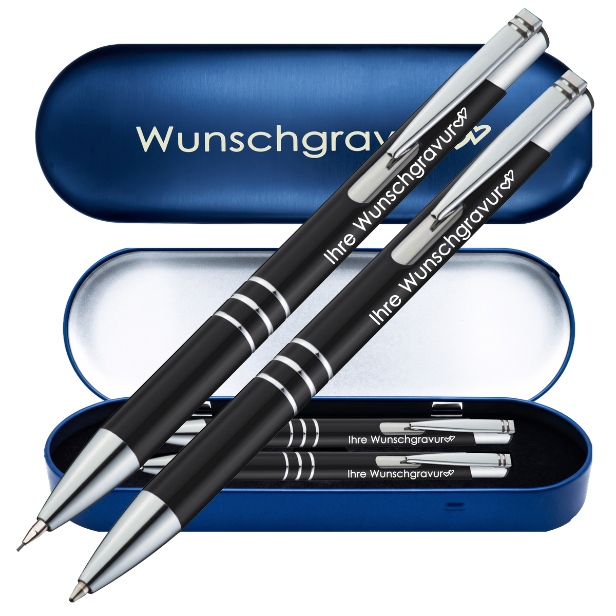 Schreibset Kugelschreiber & Druckbleistift aus Metall mit Gravur in Geschenkbox | personalisiertes Geschenkset im Etui für 10 Stifte | Box mit Wunschgravur – PS312Box8
