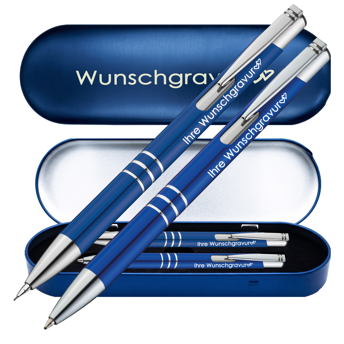 Schreibset Kugelschreiber & Druckbleistift aus Metall mit Gravur in Geschenkbox | personalisiertes Geschenkset im Etui für 10 Stifte | Box mit Wunschgravur – PS313Box8