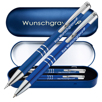 Schreibset Kugelschreiber & Druckbleistift aus Metall mit Gravur in Geschenkbox | personalisiertes Geschenkset im Etui für 10 Stifte | Box mit Wunschgravur – PS313Box8