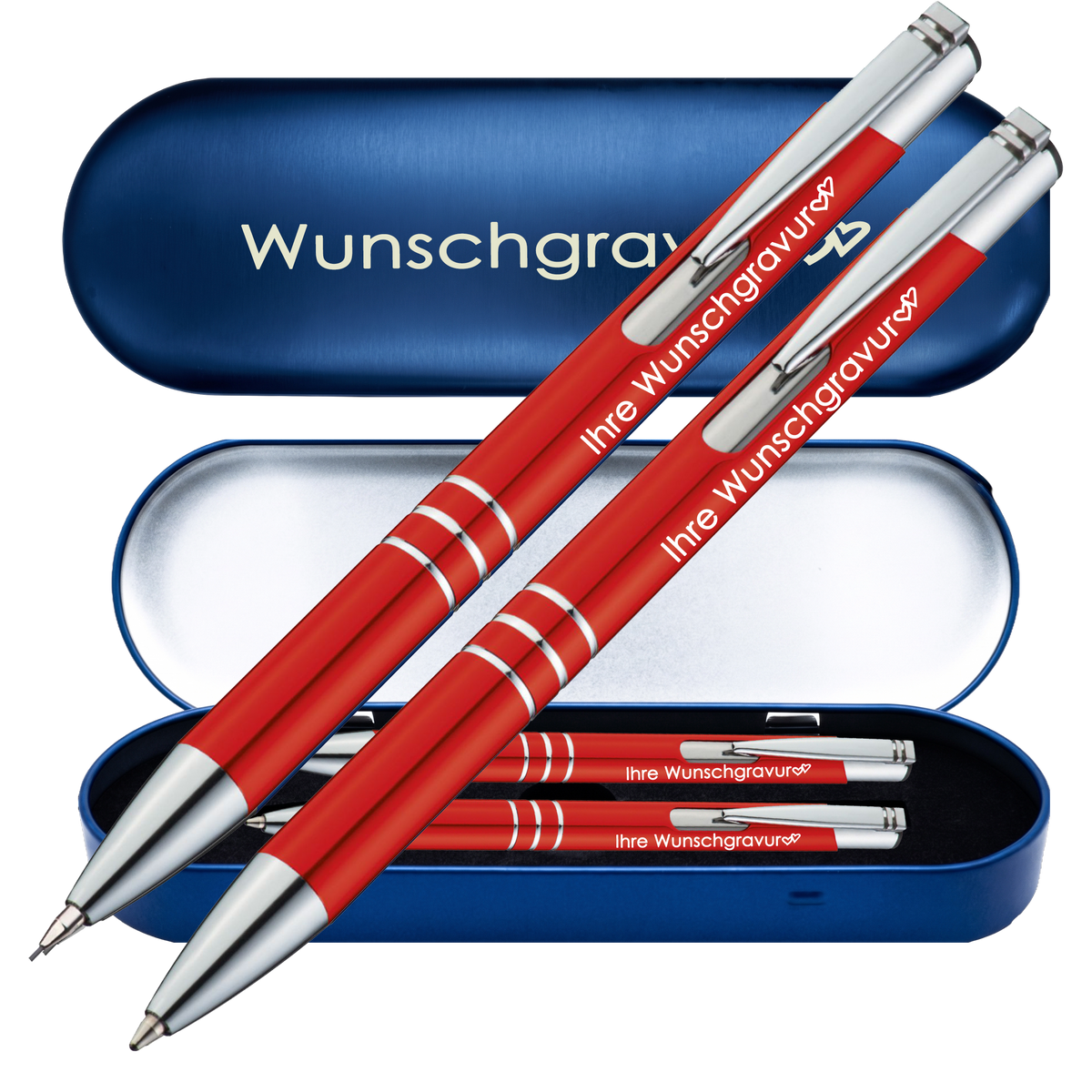 Schreibset Kugelschreiber & Druckbleistift aus Metall mit Gravur in Geschenkbox | personalisiertes Geschenkset im Etui für 10 Stifte | Box mit Wunschgravur – PS314Box8