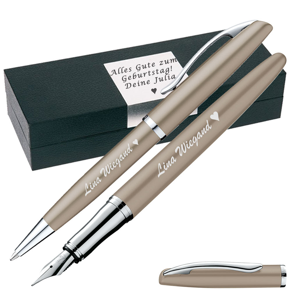 Pelikan Schreibset Füllhalter & Kugelschreiber Jazz Noble Elegance Taupe mit Gravur inkl. Geschenkbox mit Gravur