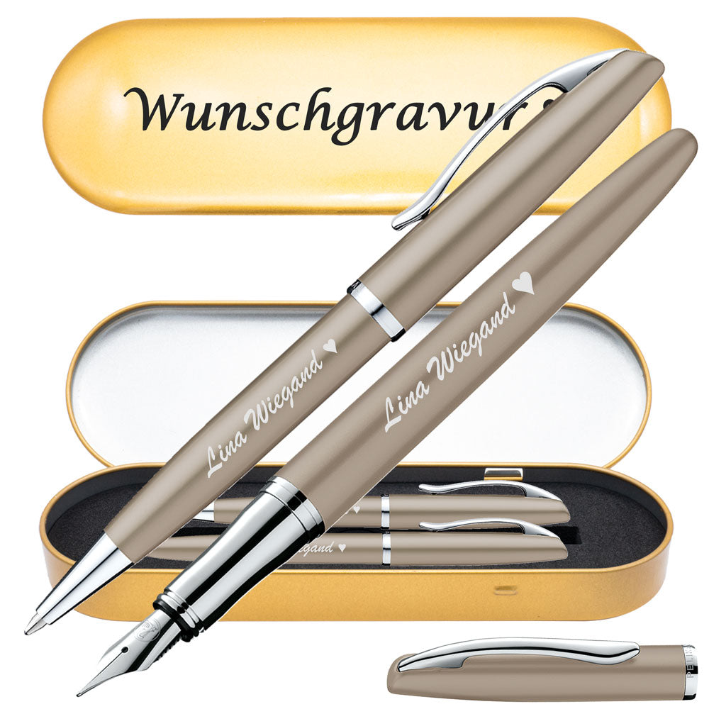 Pelikan Schreibset Füllhalter & Kugelschreiber Jazz Noble Elegance Taupe mit Gravur inkl. Geschenkbox mit Gravur