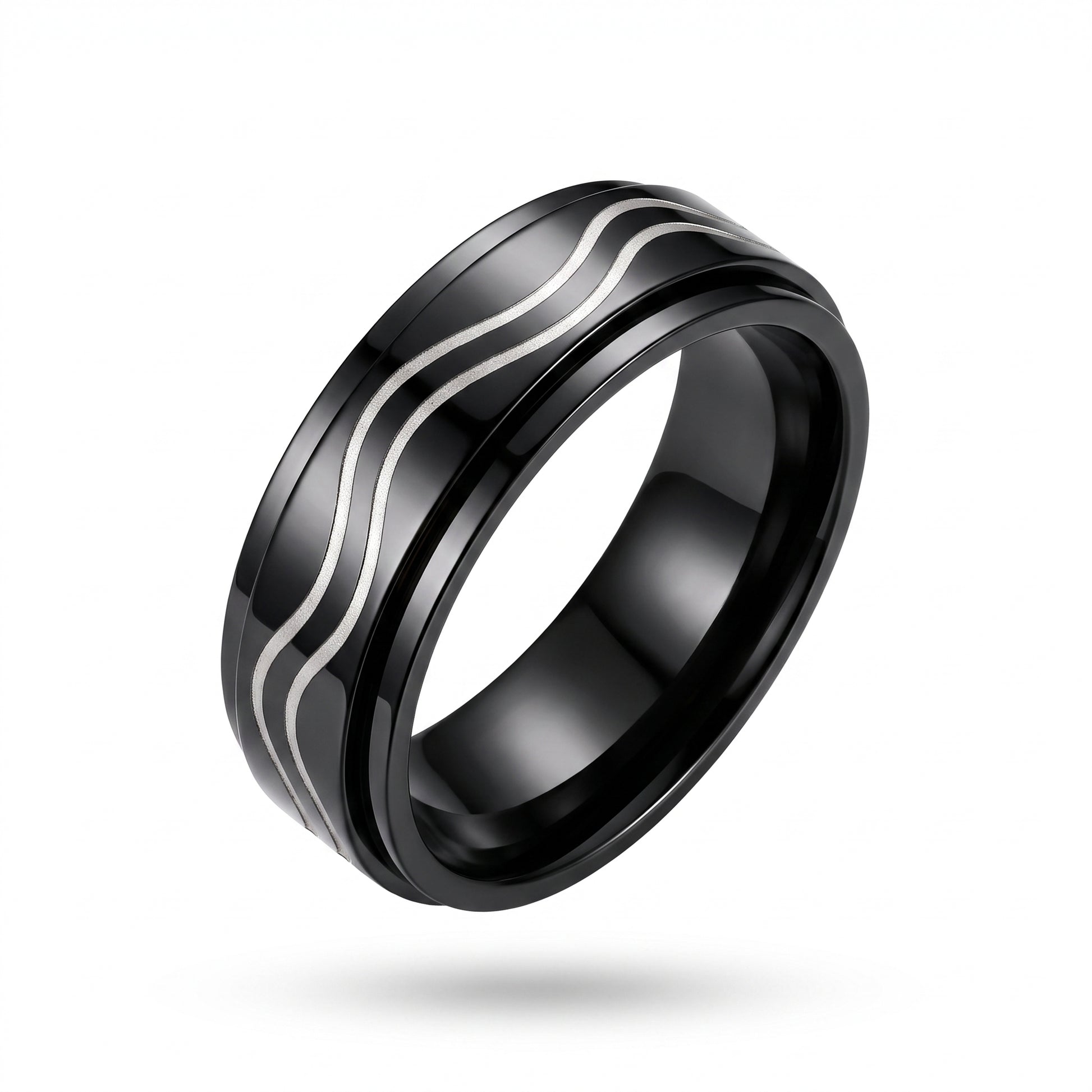 Herrenring Edelstahl Schwarz mit Wellenlinien