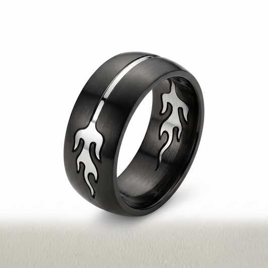 Herrenring Edelstahl Schwarz mit Flammenmuster