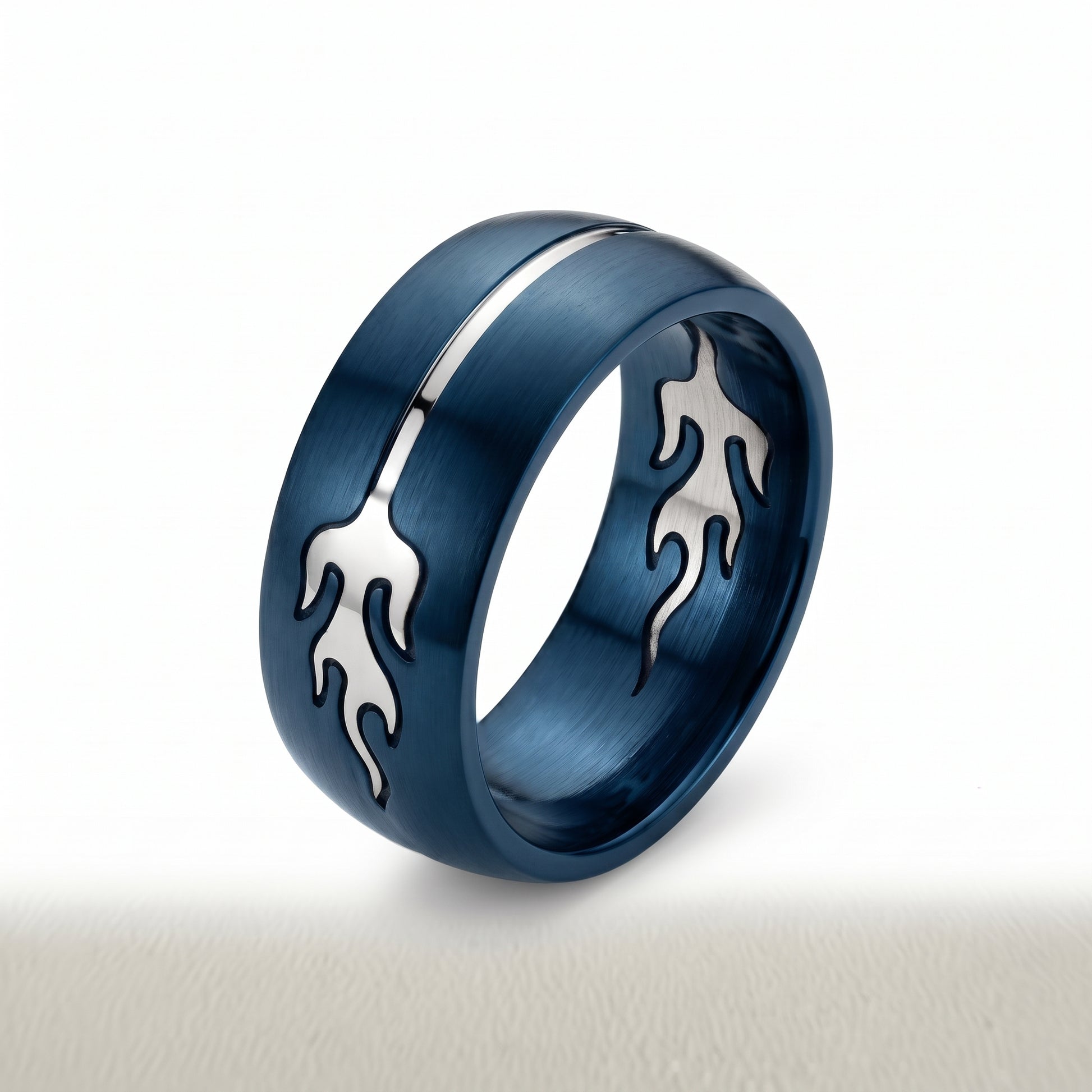 Herrenring Edelstahl Blau mit Flammenmuster