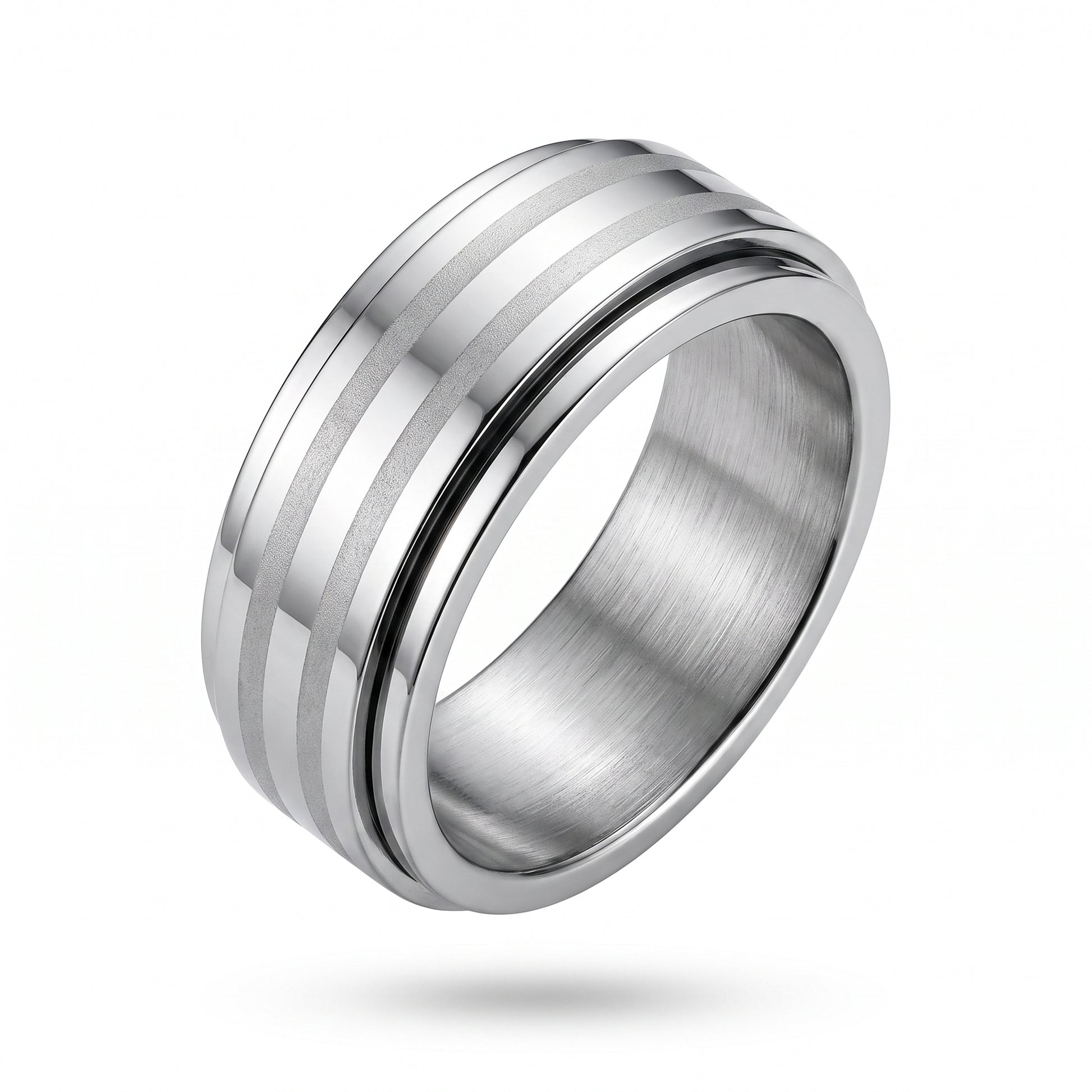 Herrenring Edelstahl Silber mit zwei matten Streifen