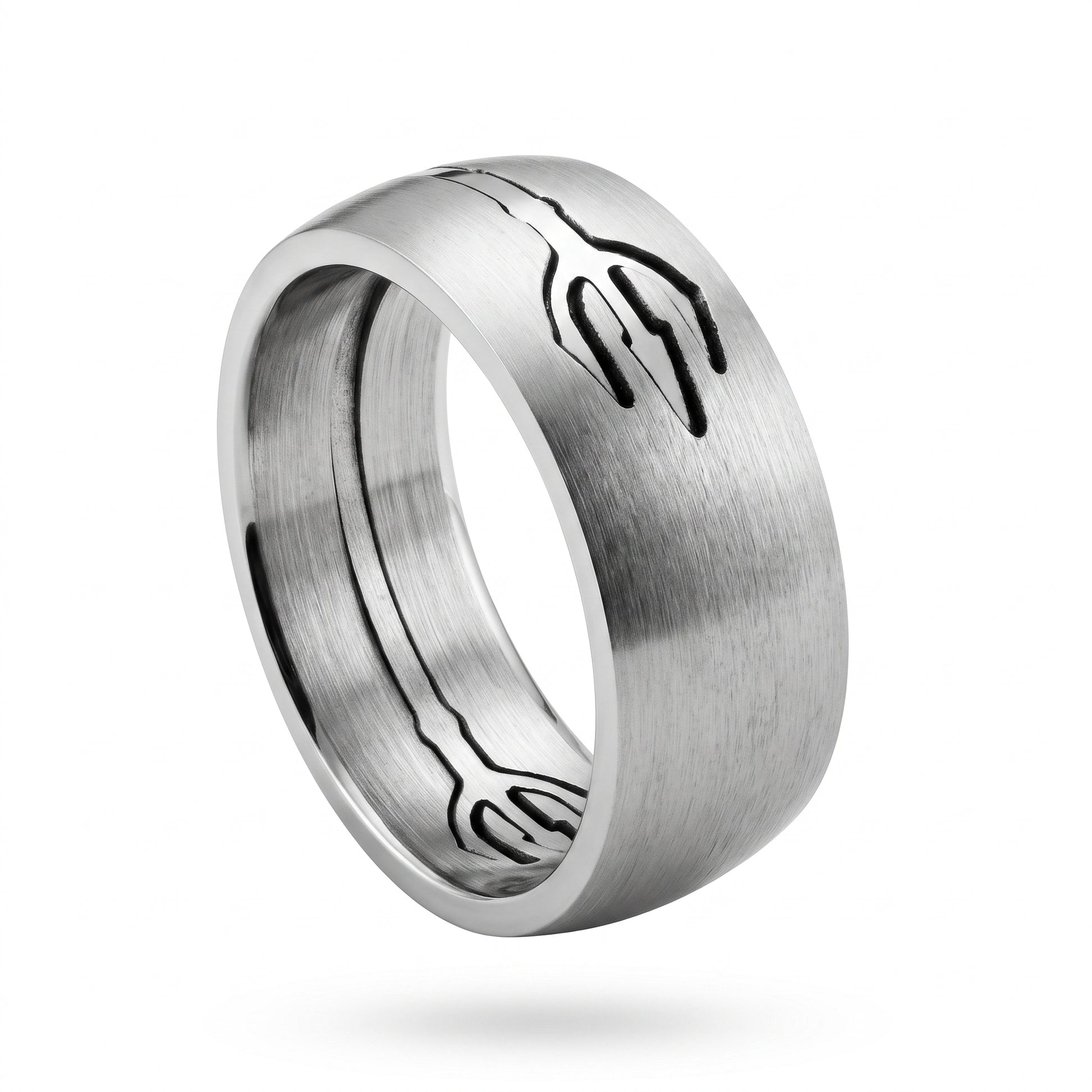Herrenring Edelstahl Silber mit Dreizack-Muster