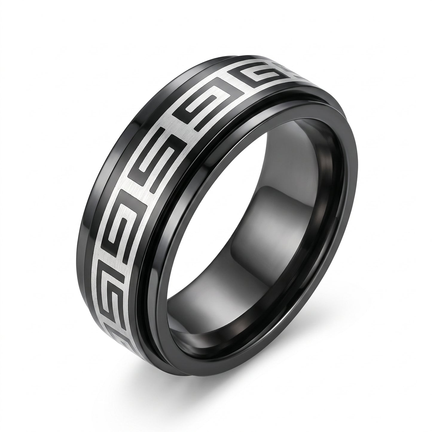 Herrenring Edelstahl Schwarz mit Mäander-Muster