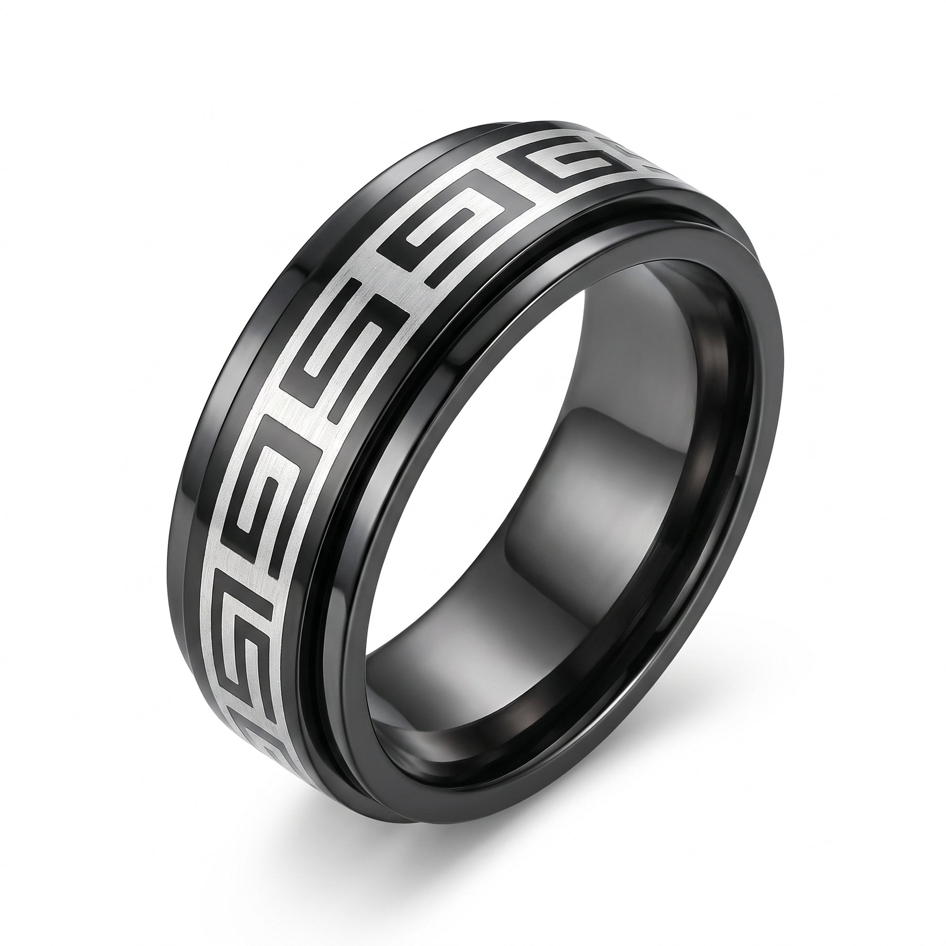 Herrenring Edelstahl Schwarz mit Mäander-Muster