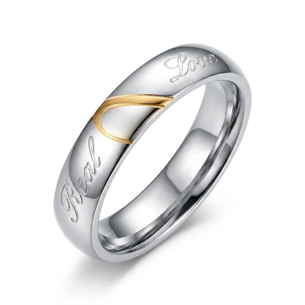 Herrenring Edelstahl Silber Real Love mit goldenem Herz