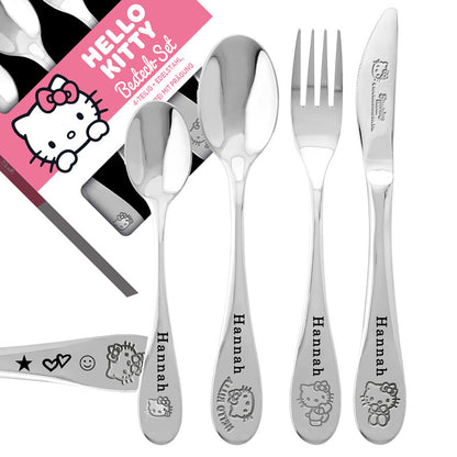 Hello Kitty® Kinderbesteck mit Namensgravur | 4-telig | Edelstahl | Wunschgravur Symbole ♥ möglich| Rostfrei | Mit Prägung | Spülmaschinenfest