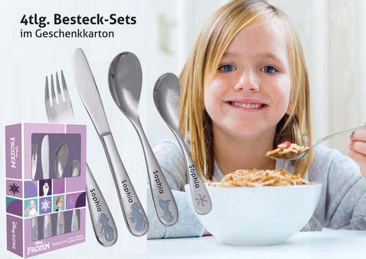 Frozen Eiskönigin Kinderbesteck mit Namensgravur | 4-telig | Edelstahl | Wunschgravur Symbole ♥ möglich| Rostfrei | Mit Prägung | Spülmaschinenfest