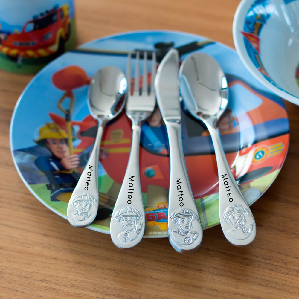 Feuerwehrmann Sam Kinderbesteck mit Namensgravur | Symbole ♥ | 4-telig | Wunschgravur möglich | Rostfrei | Mit Prägung | Spülmaschinenfest
