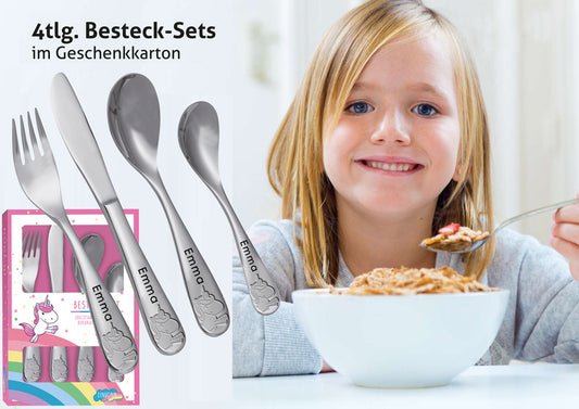 Einhorn Kinderbesteck mit Namensgravur | Symbole ♥ Gravur | 4-telig | Rostfrei | Mit Prägung | Spülmaschinenfest |