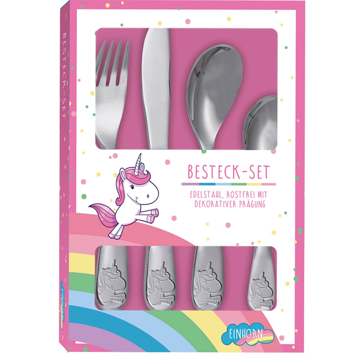 Einhorn Kinderbesteck mit Namensgravur | Symbole ♥ Gravur | 4-telig | Rostfrei | Mit Prägung | Spülmaschinenfest |
