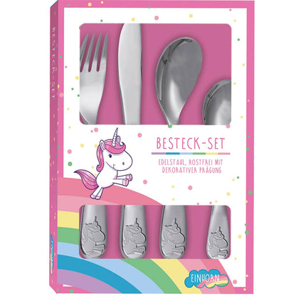 Einhorn Kinderbesteck mit Namensgravur | Symbole ♥ Gravur | 4-telig | Rostfrei | Mit Prägung | Spülmaschinenfest |