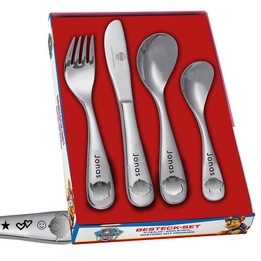 PAW Patrol Kinderbesteck mit Namensgravur | Emojis Gravur | 4-telig | Rostfrei | Mit Prägung | Spülmaschinenfest |