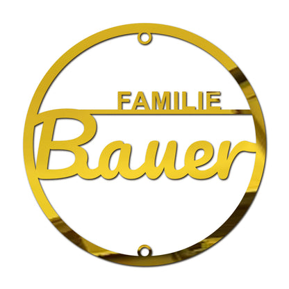Elegantes Acrylschild rund – personalisiertes Namensschild mit „Familie [Name]“ – moderne Hausdeko für Eingang, Flur oder Wohnzimmer