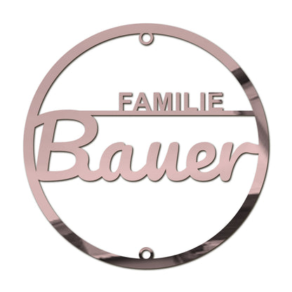 Elegantes Acrylschild rund – personalisiertes Namensschild mit „Familie [Name]“ – moderne Hausdeko für Eingang, Flur oder Wohnzimmer