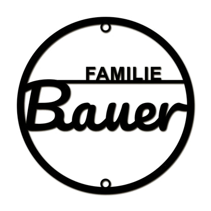 Elegantes Acrylschild rund – personalisiertes Namensschild mit „Familie [Name]“ – moderne Hausdeko für Eingang, Flur oder Wohnzimmer