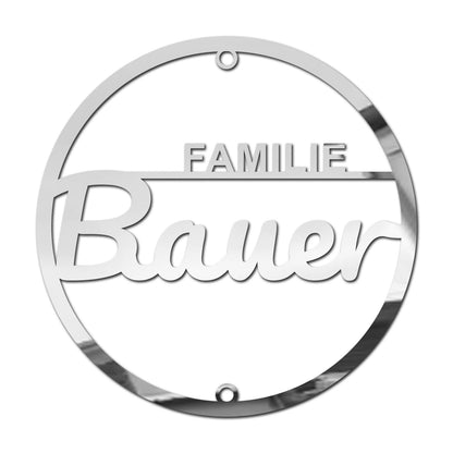 Elegantes Acrylschild rund – personalisiertes Namensschild mit „Familie [Name]“ – moderne Hausdeko für Eingang, Flur oder Wohnzimmer