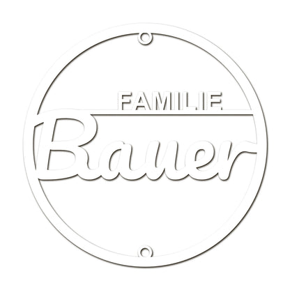 Elegantes Acrylschild rund – personalisiertes Namensschild mit „Familie [Name]“ – moderne Hausdeko für Eingang, Flur oder Wohnzimmer
