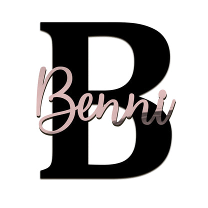 Acryl Name mit Initiale – dekoratives Wandbild mit schwarzem Buchstaben & farbigem Namen – in Weiß, Gold, Rosé oder Silber