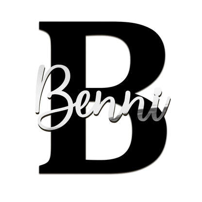 Acryl Name mit Initiale – dekoratives Wandbild mit schwarzem Buchstaben & farbigem Namen – in Weiß, Gold, Rosé oder Silber