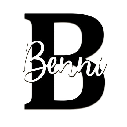 Acryl Name mit Initiale – dekoratives Wandbild mit schwarzem Buchstaben & farbigem Namen – in Weiß, Gold, Rosé oder Silber