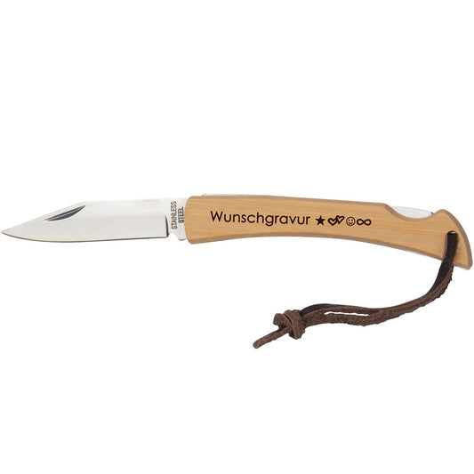 Taschenmesser mit Gravu aus Bambus mit Aufhängeschlaufe | Taschenmesser mit Wunschgravur | Sicherheitsverschluss | KN7