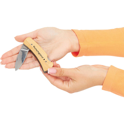 Taschenmesser mit Klappmechanismus | aus Edelstahl mit Bambus-Griff | Mit Wunschgravur